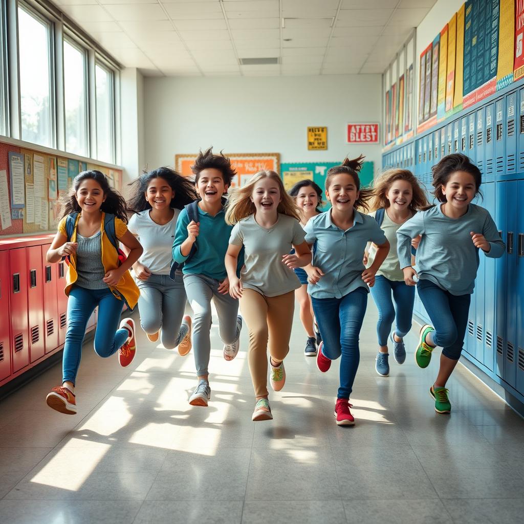 A lively scene of a group of students joyfully running in a school environment