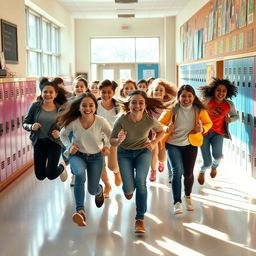 A lively scene of a group of students joyfully running in a school environment