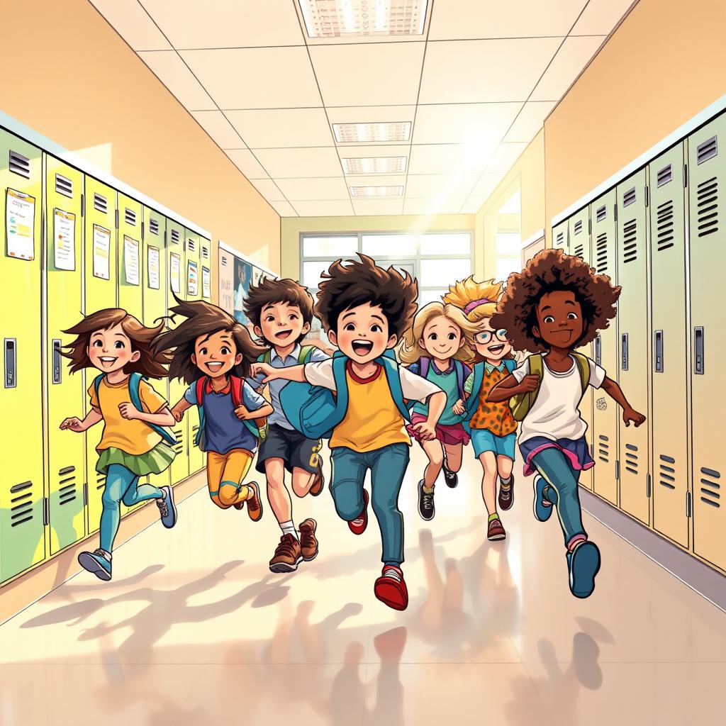 A vibrant and playful drawing of a group of students energetically running through a school hall