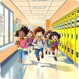 A vibrant and playful drawing of a group of students energetically running through a school hall