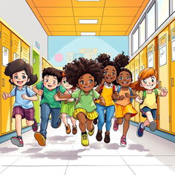 A vibrant and playful drawing of a group of students energetically running through a school hall