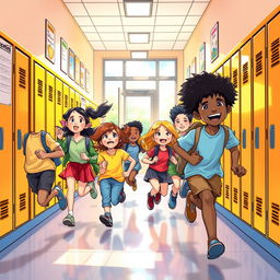 A vibrant and playful drawing of a group of students energetically running through a school hall