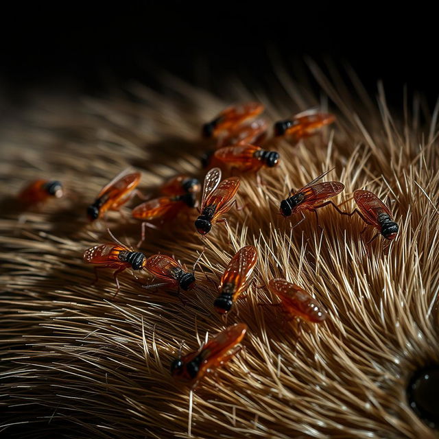 An intricate close-up of fleas infesting a rat's fur, showcasing the detail of the fleas with their tiny bodies and legs, contrasts sharply against the rat's textured fur, highlighting the grim relationship between the two