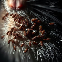 An intricate close-up of fleas infesting a rat's fur, showcasing the detail of the fleas with their tiny bodies and legs, contrasts sharply against the rat's textured fur, highlighting the grim relationship between the two
