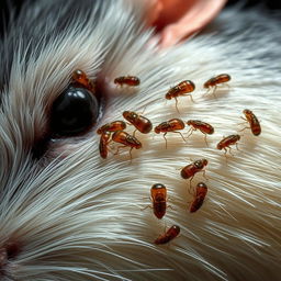 An intricate close-up of fleas infesting a rat's fur, showcasing the detail of the fleas with their tiny bodies and legs, contrasts sharply against the rat's textured fur, highlighting the grim relationship between the two
