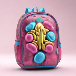 A 3D backpack design, featuring an embellished and vibrant brain motif that sparkles radiantly.