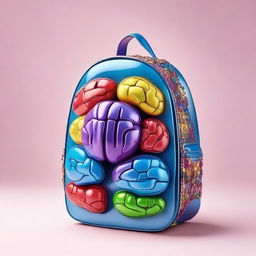 A 3D backpack design, featuring an embellished and vibrant brain motif that sparkles radiantly.