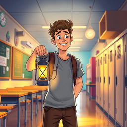 A man holding a lantern in his hand, standing in a school setting, illustrated in a vibrant and engaging style