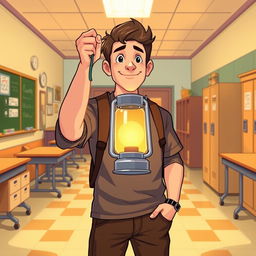 A man holding a lantern in his hand, standing in a school setting, illustrated in a vibrant and engaging style
