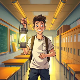 A man holding a lantern in his hand, standing in a school setting, illustrated in a vibrant and engaging style