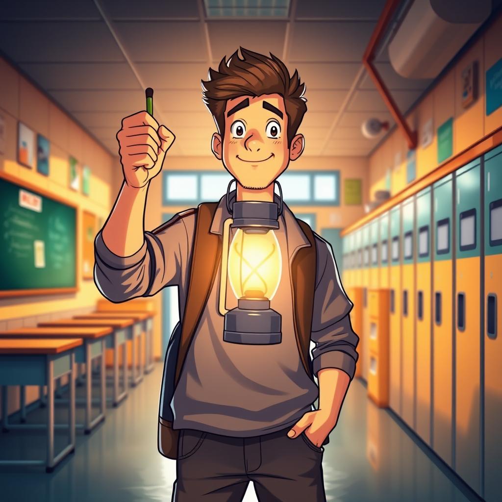 A man holding a lantern in his hand, standing in a school setting, illustrated in a vibrant and engaging style