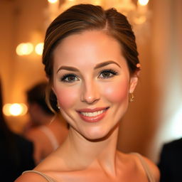 A 32-year-old woman with a neat hairstyle and light makeup, embodying a romantic atmosphere