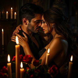 A passionate yet dark romantic scene capturing an embrace between two lovers, their expressions conveying deep emotions of betrayal and longing