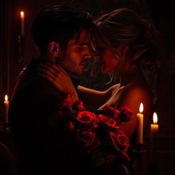 A passionate yet dark romantic scene capturing an embrace between two lovers, their expressions conveying deep emotions of betrayal and longing