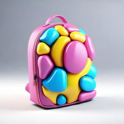 A 3D backpack design with a shining and vibrant brain visible from the inside in a cute and appealing style.