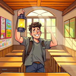 A man holding a lantern in a school setting, illustrated in a vibrant and engaging style