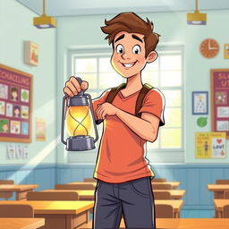 A man holding a lantern in a school setting, illustrated in a vibrant and engaging style