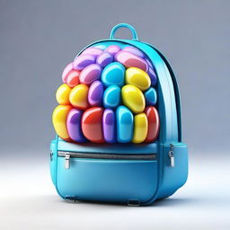 A 3D backpack design with a shining and vibrant brain visible from the inside in a cute and appealing style.