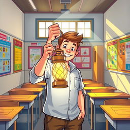 A man holding a lantern in a school setting, illustrated in a vibrant and engaging style