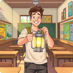 A man holding a lantern in a school setting, illustrated in a vibrant and engaging style