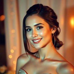 A 32-year-old woman with a neat hairstyle and light makeup, set in a romantic atmosphere