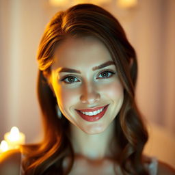 A 32-year-old woman with a neat hairstyle and light makeup, set in a romantic atmosphere