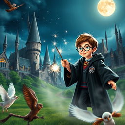 A magical scene set in the iconic Hogwarts School of Witchcraft and Wizardry with towering spires and lush green grounds, featuring a young wizard wearing round glasses, a black robe with a Gryffindor crest, and holding a wand, casting a spell that creates sparkling lights in the air