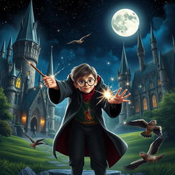 A magical scene set in the iconic Hogwarts School of Witchcraft and Wizardry with towering spires and lush green grounds, featuring a young wizard wearing round glasses, a black robe with a Gryffindor crest, and holding a wand, casting a spell that creates sparkling lights in the air