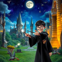 A magical scene set in the iconic Hogwarts School of Witchcraft and Wizardry with towering spires and lush green grounds, featuring a young wizard wearing round glasses, a black robe with a Gryffindor crest, and holding a wand, casting a spell that creates sparkling lights in the air