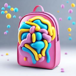 A 3D backpack design with a shining and vibrant brain visible from the inside in a cute and appealing style.