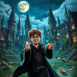 A magical scene set in the iconic Hogwarts School of Witchcraft and Wizardry with towering spires and lush green grounds, featuring a young wizard wearing round glasses, a black robe with a Gryffindor crest, and holding a wand, casting a spell that creates sparkling lights in the air