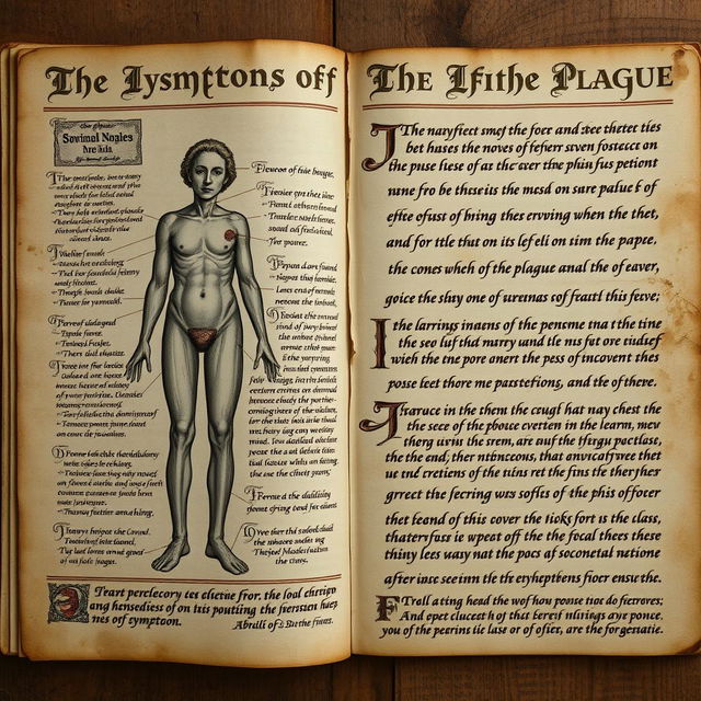 An ancient manuscript page depicting the symptoms of the plague, featuring elaborate calligraphy and intricate illustrations