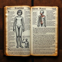 An ancient manuscript page depicting the symptoms of the plague, featuring elaborate calligraphy and intricate illustrations
