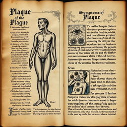 An ancient manuscript page depicting the symptoms of the plague, featuring elaborate calligraphy and intricate illustrations