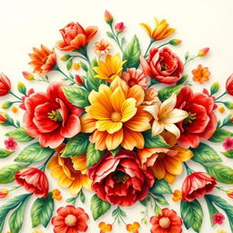 A highly detailed close-up of a vibrant, intricately designed floral pattern, featuring rich colors like deep red, bright yellow, and lush green, with a light watercolor texture