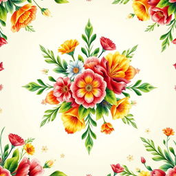 A highly detailed close-up of a vibrant, intricately designed floral pattern, featuring rich colors like deep red, bright yellow, and lush green, with a light watercolor texture