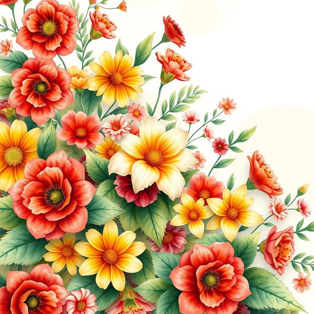 A highly detailed close-up of a vibrant, intricately designed floral pattern, featuring rich colors like deep red, bright yellow, and lush green, with a light watercolor texture