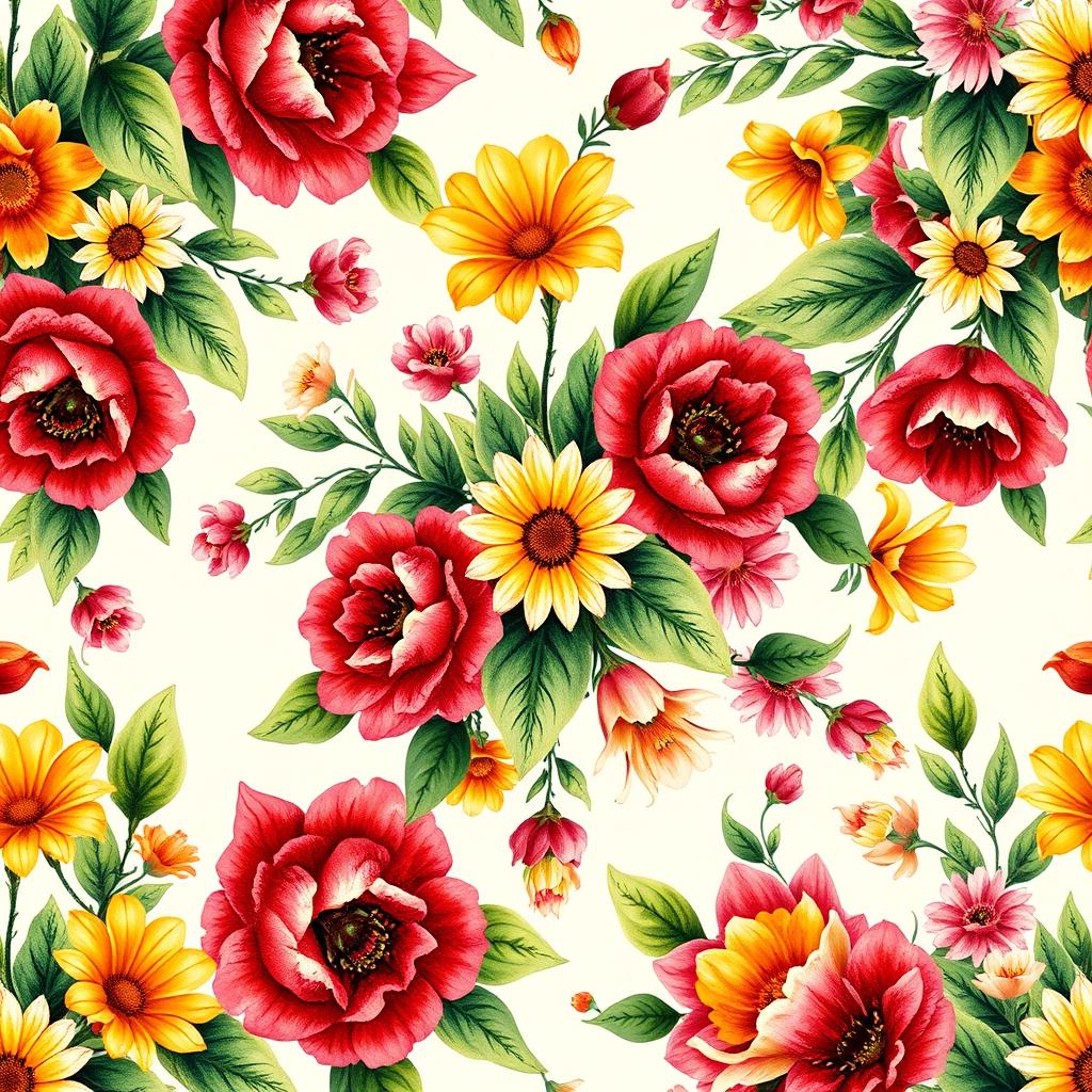 A highly detailed close-up of a vibrant, intricately designed floral pattern, featuring rich colors like deep red, bright yellow, and lush green, with a light watercolor texture