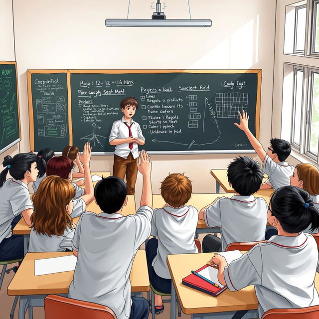 A lively scene depicting a school meeting with students gathered together in a classroom