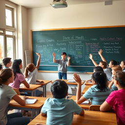 A lively scene depicting a school meeting with students gathered together in a classroom