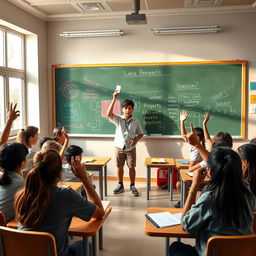 A lively scene depicting a school meeting with students gathered together in a classroom
