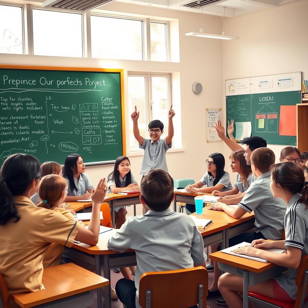 A lively scene depicting a school meeting with students gathered together in a classroom