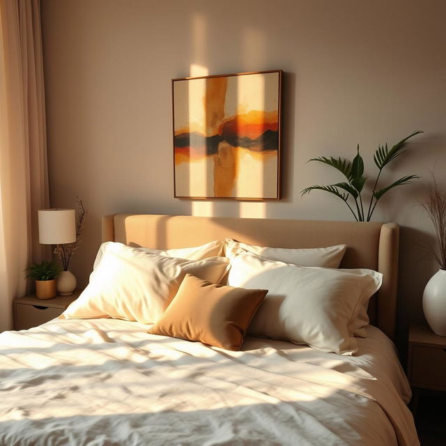 A serene bedroom atmosphere, featuring an elegant bed adorned with soft, luxurious sheets