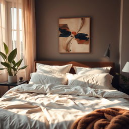 A serene bedroom atmosphere, featuring an elegant bed adorned with soft, luxurious sheets