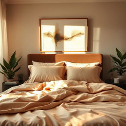 A serene bedroom atmosphere, featuring an elegant bed adorned with soft, luxurious sheets