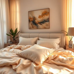 A serene bedroom atmosphere, featuring an elegant bed adorned with soft, luxurious sheets