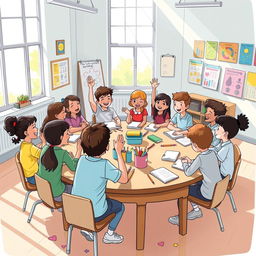 A vibrant and cheerful illustration of a school meeting with students gathered in a classroom