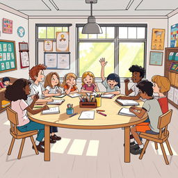 A vibrant and cheerful illustration of a school meeting with students gathered in a classroom