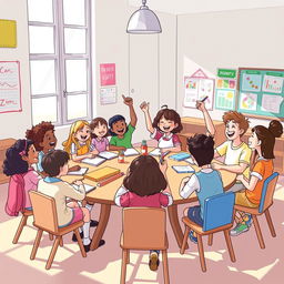 A vibrant and cheerful illustration of a school meeting with students gathered in a classroom