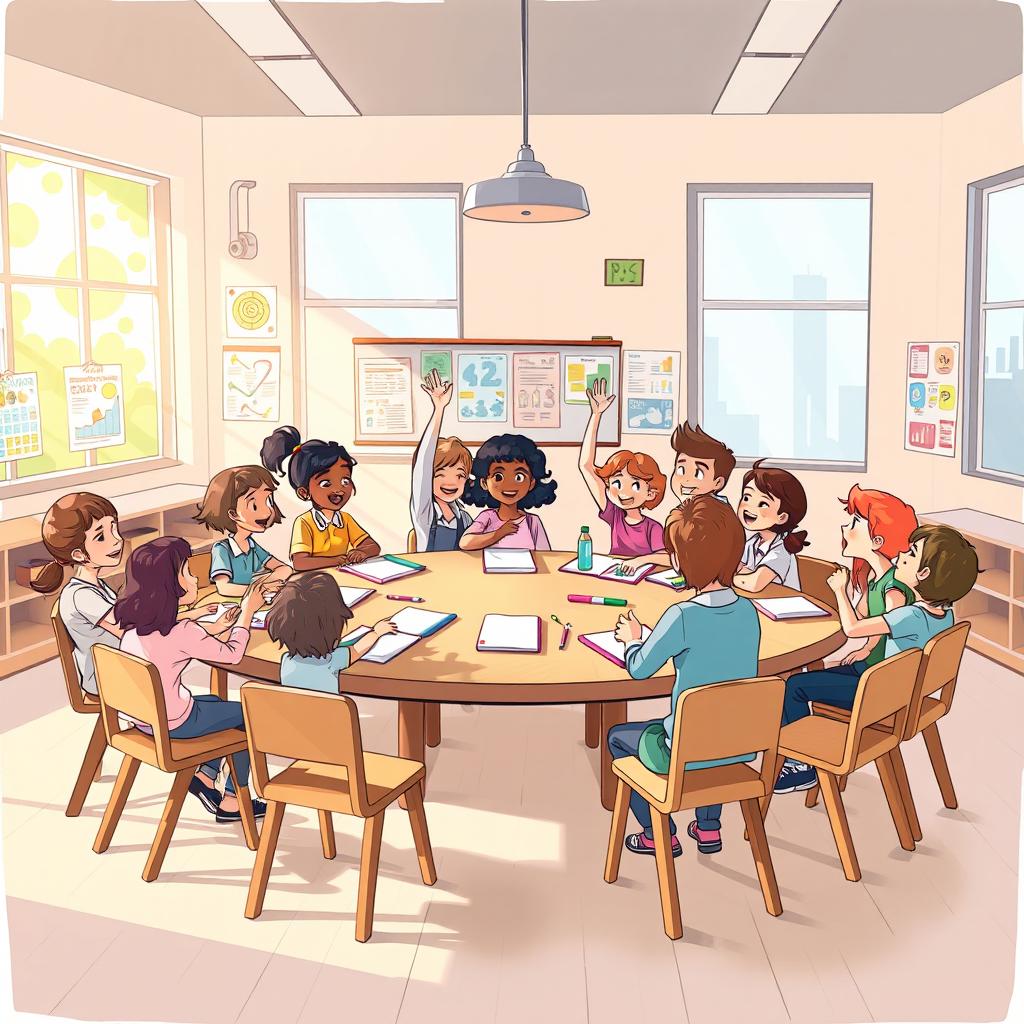 A vibrant and cheerful illustration of a school meeting with students gathered in a classroom